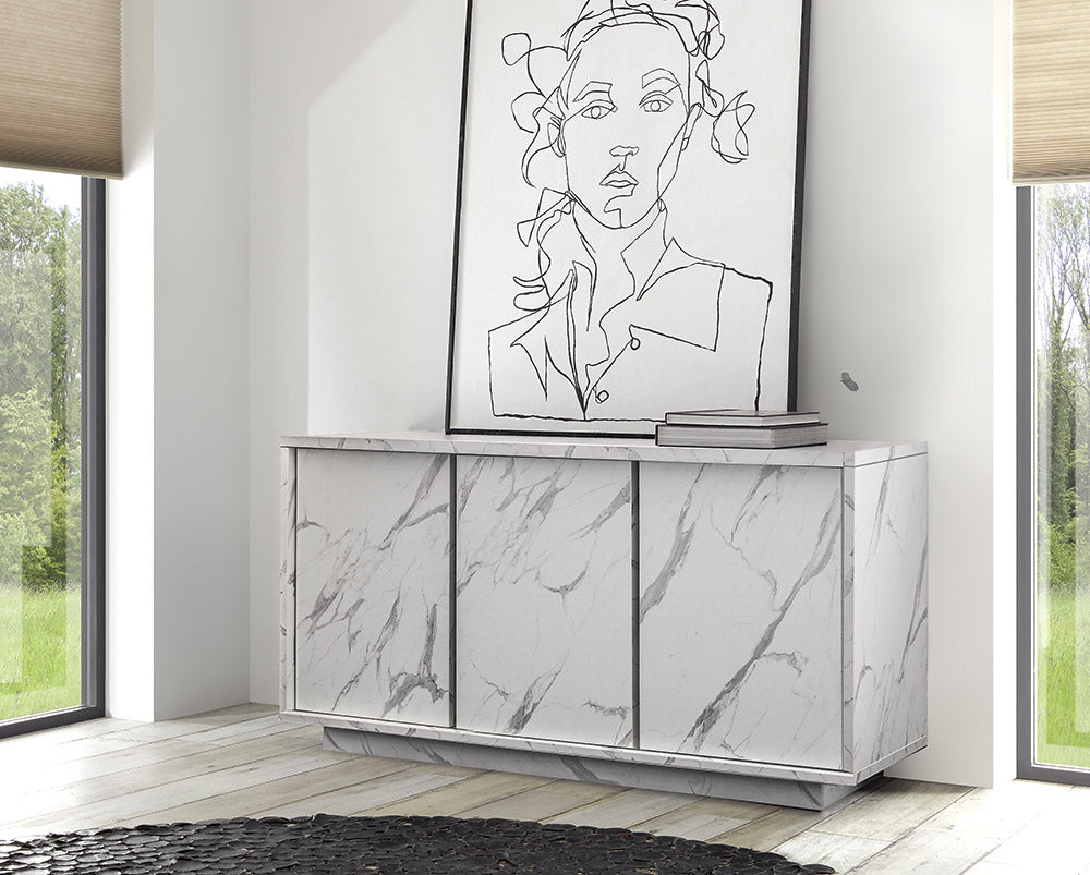 Ancilla - Madia moderna 3 ante in legno effetto marmo bianco cm 138x43x79h