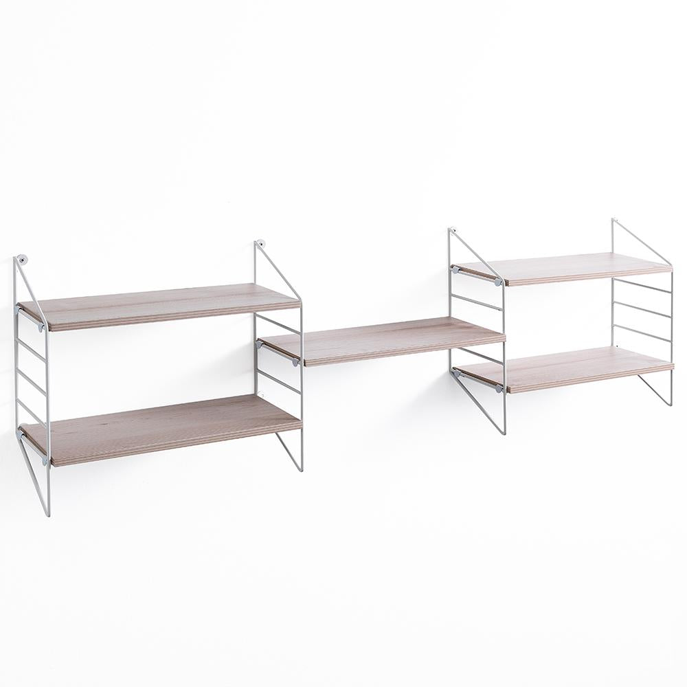 Mensola da parete struttura in metallo bianco 5 ripiani in legno rovere cm 120x16x36h