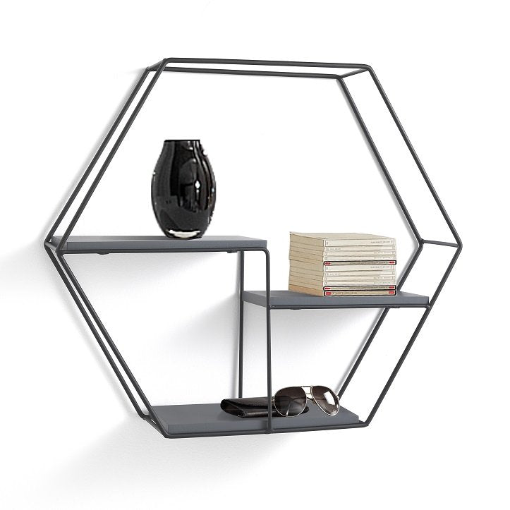 Mensola da parete moderna con ripiani in legno e struttura in metallo colore nero cm 49x11x42h - immagine 2