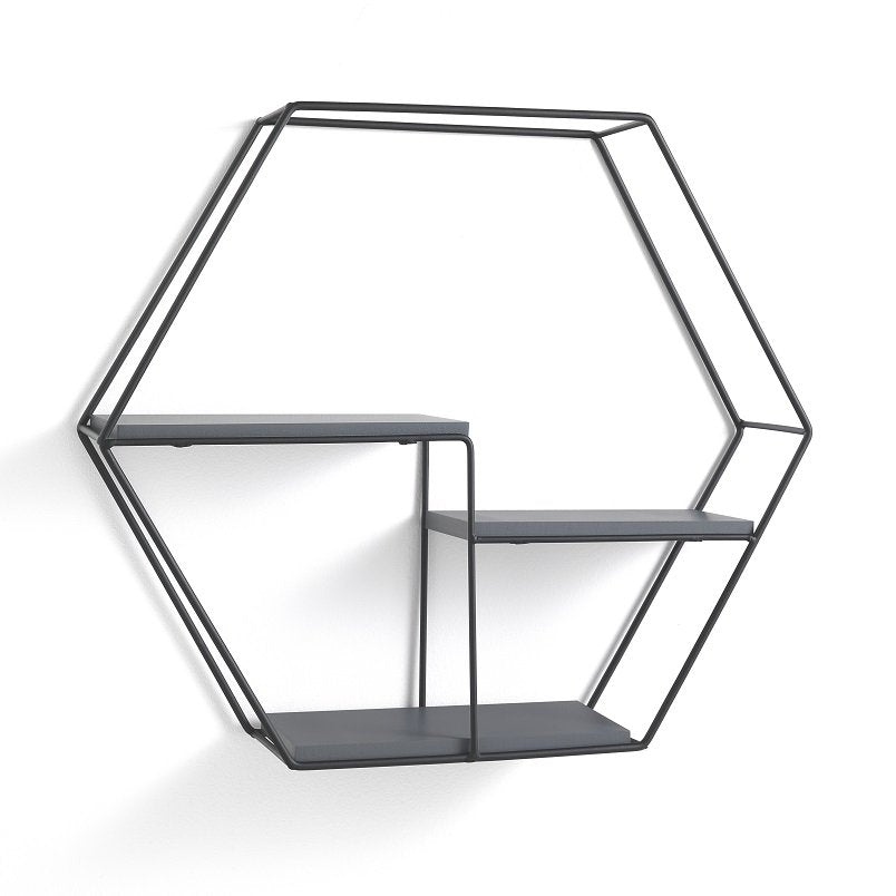 Mensola da parete moderna con ripiani in legno e struttura in metallo colore nero cm 49x11x42h