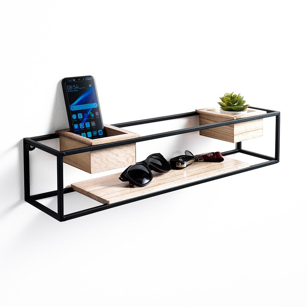 Mensola da parete moderna in legno finitura naturale e metallo nero con piano e vani cm 60x12x12h - immagine 2