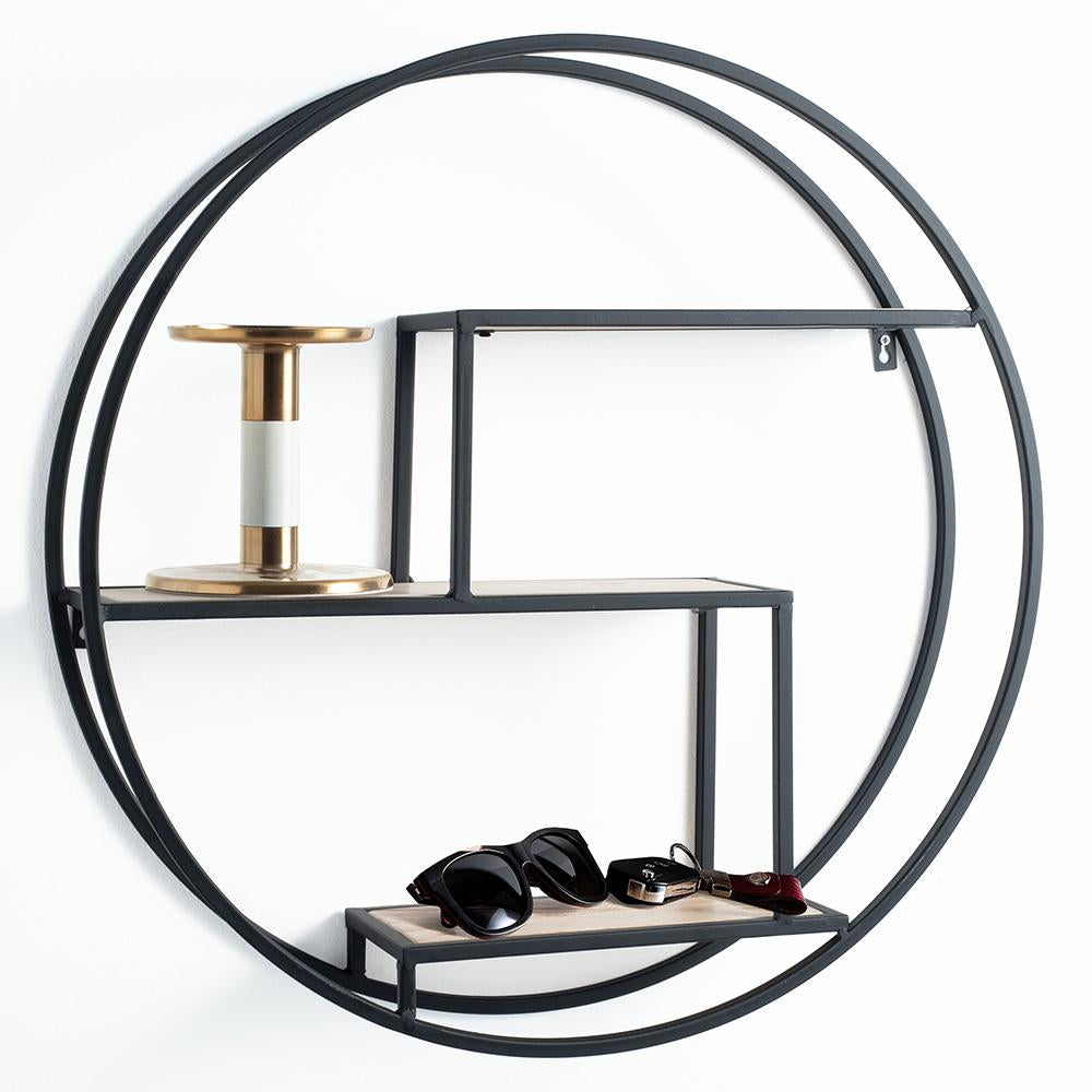 Mensola da parete tonda industrial metallo colore nero ripiani in legno massello rovere cm ø 60x13h - immagine 2