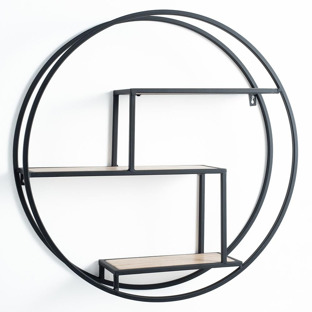 Mensola da parete tonda industrial metallo colore nero ripiani in legno massello rovere cm ø 60x13h