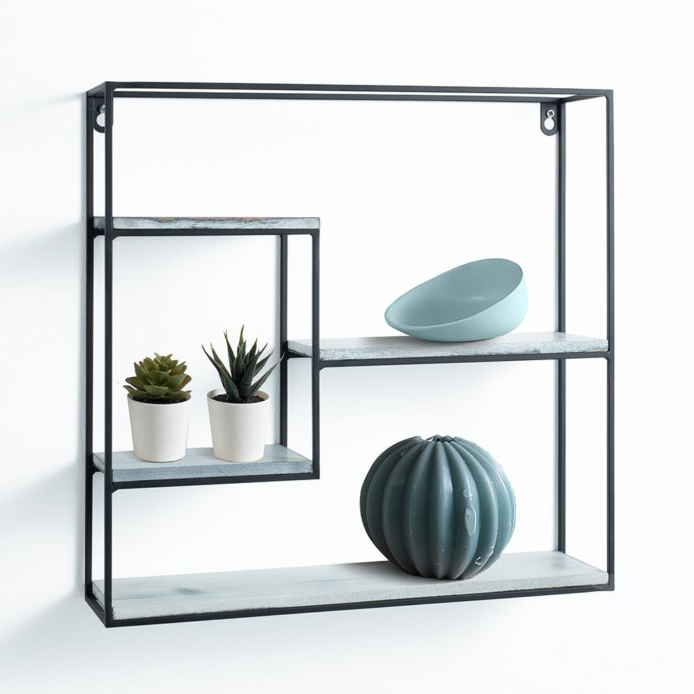 Mensola da parete quadrata in metallo con piani in legno massello colore nero e bianco cm 40x10x40h - immagine 2