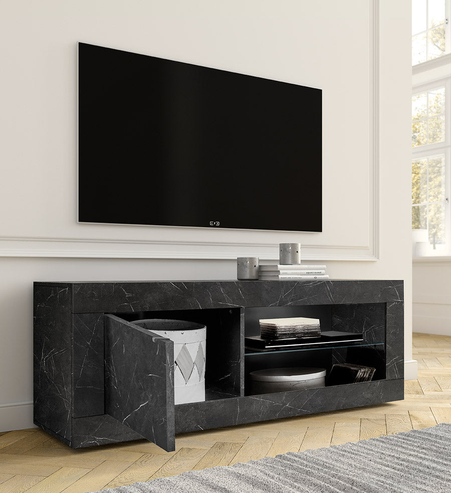 Birty - Porta tv moderno con anta e vano in legno marmo nero cm 140x43x56h - immagine 2