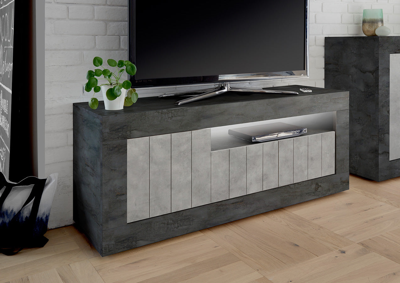 Tarquinio - Base mobile tv in legno 3 ante colore cemento e ossido cm 138x42x56h