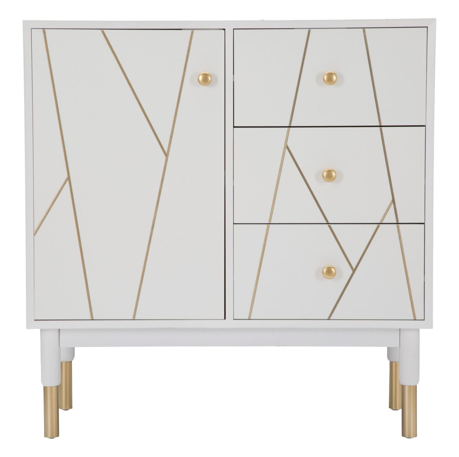 Mobiletto con anta e cassetti stile moderno in legno bianco con inserti in metallo dorato cm 80x40x82h - immagine 2