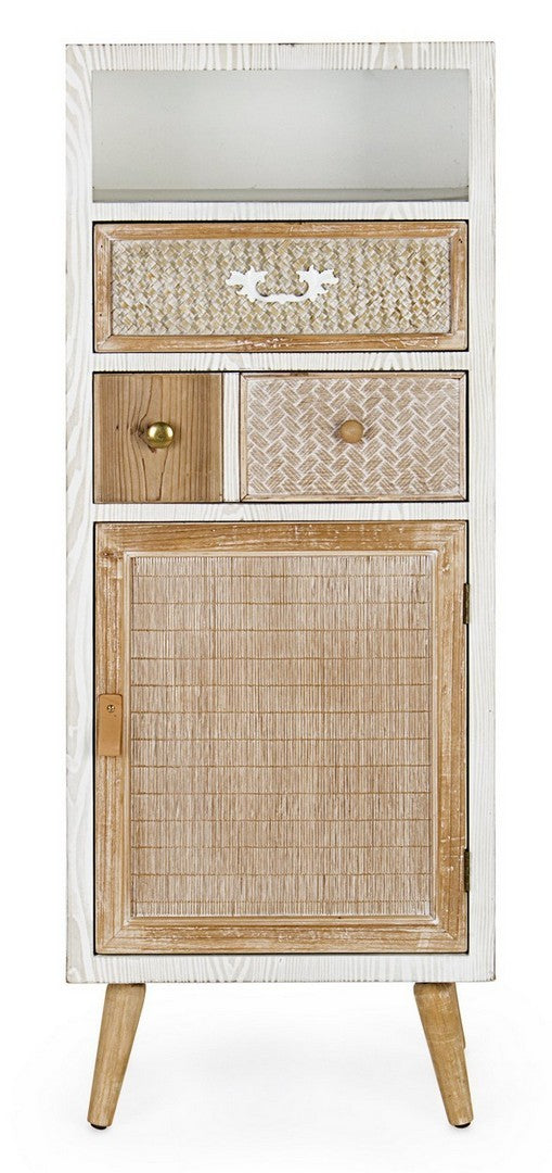 Mobile con 2 cassetti e anta in legno bianco e naturale inserti in rattan cm 48x35x121h - immagine 2