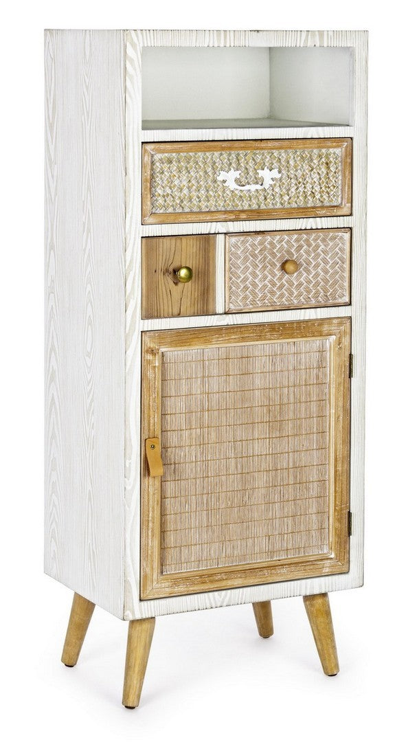 Mobile con 2 cassetti e anta in legno bianco e naturale inserti in rattan cm 48x35x121h