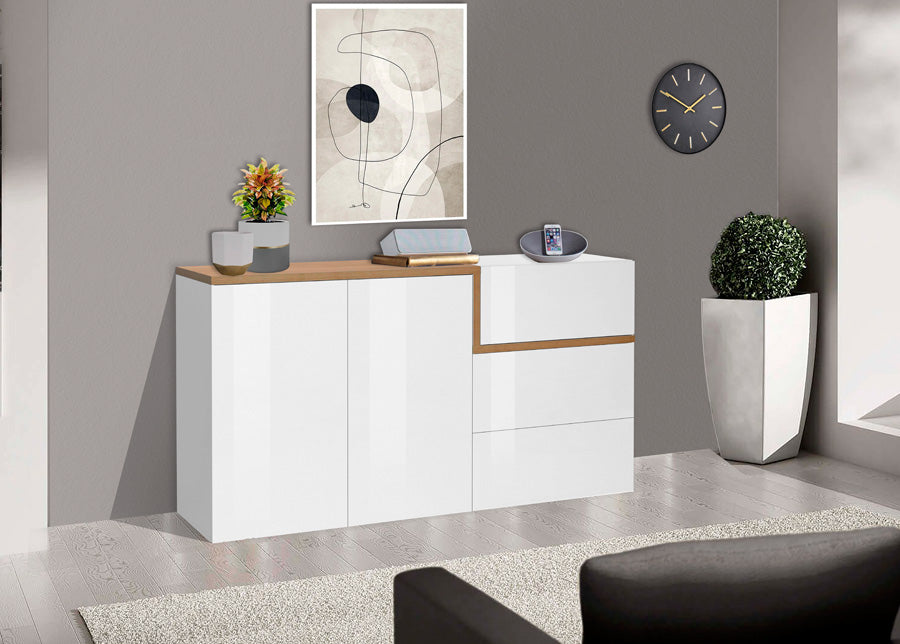 Rossella - Credenza moderna da salotto in legno 2 ante e 3 cassetti cm 150x40x80h - vari colori