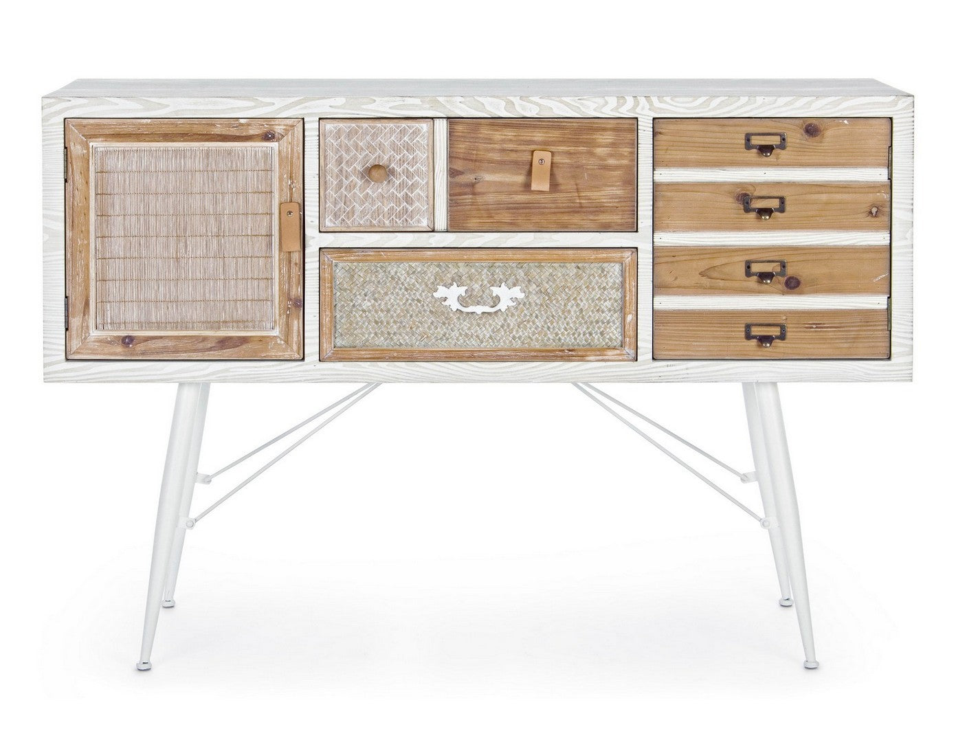 Mobile credenza in legno bianco con inserti in rattan e bambù cm 120x35x80h - immagine 2