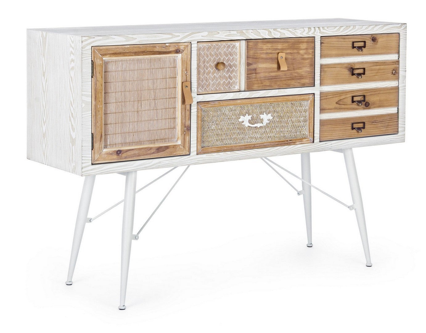 Mobile credenza in legno bianco con inserti in rattan e bambù cm 120x35x80h