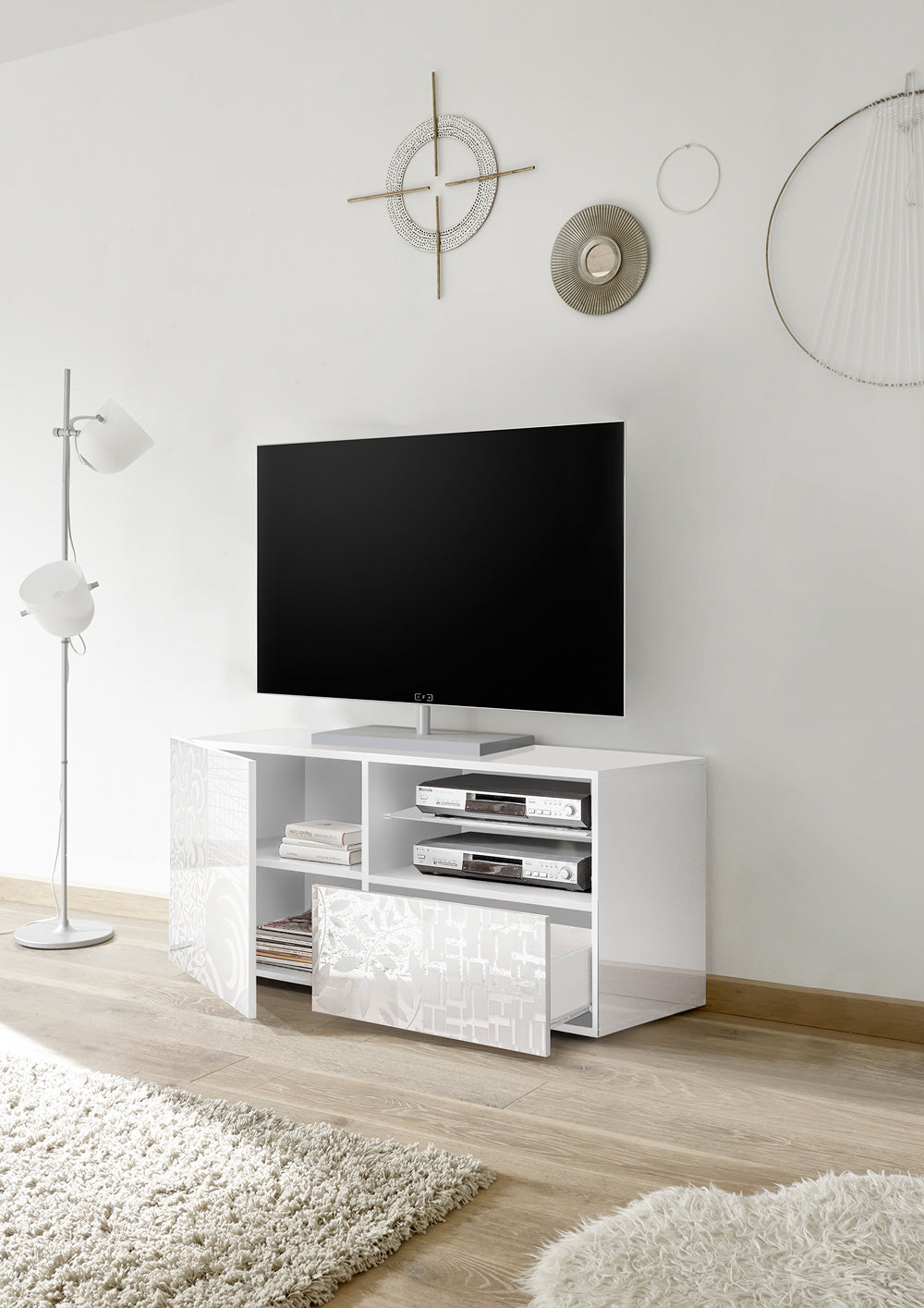 Edvin - Mobile porta tv moderno lucido laccato con serigrafie cm 122x42x57h - vari colori - immagine 2