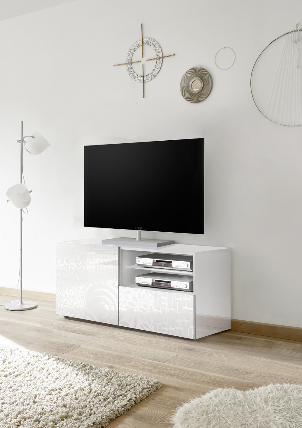 Edvin - Mobile porta tv moderno lucido laccato con serigrafie cm 122x42x57h - vari colori