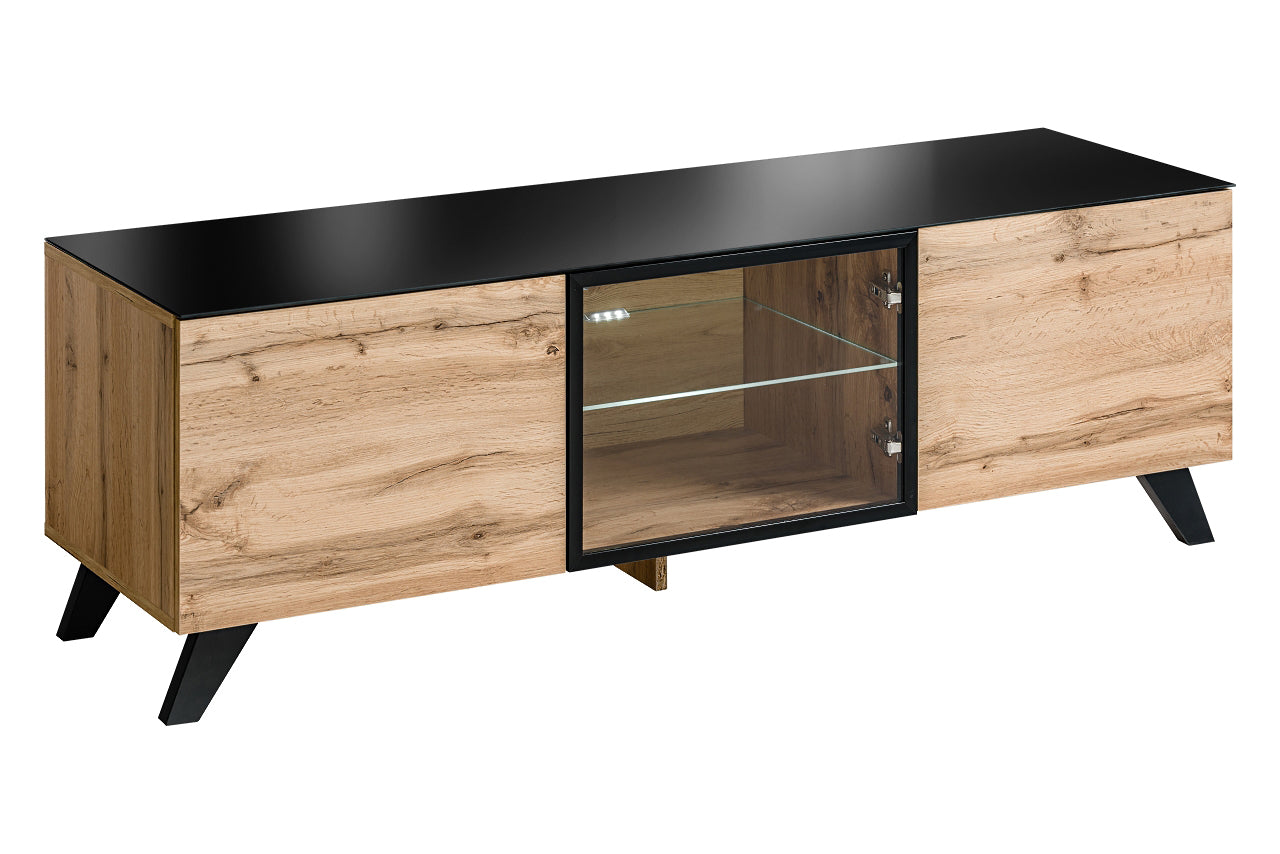 Mobile living basso porta tv stile industrial in legno naturale con vetrinetta cm 150x45x47h