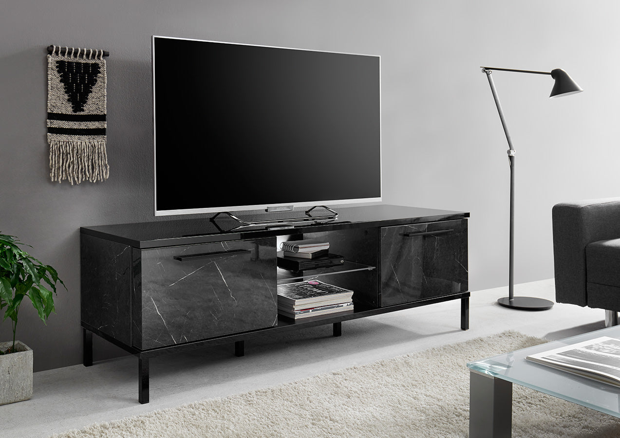 Lisburn - Set mobili salotto con porta tv vetrina e credenza finitura marmo nero lucido - immagine 2