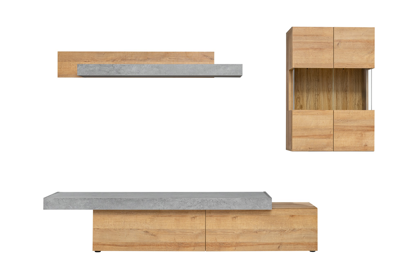 Concret - Parete attrezzata moderna con vetrina mobile tv e mensola quercia natura e cemento - immagine 2