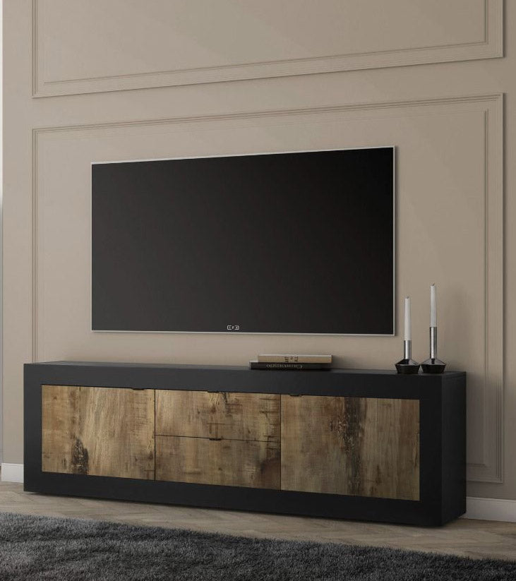 Elasir - Mobile alto porta tv da soggiorno in legno colore nero e pero cm 210x43x66h
