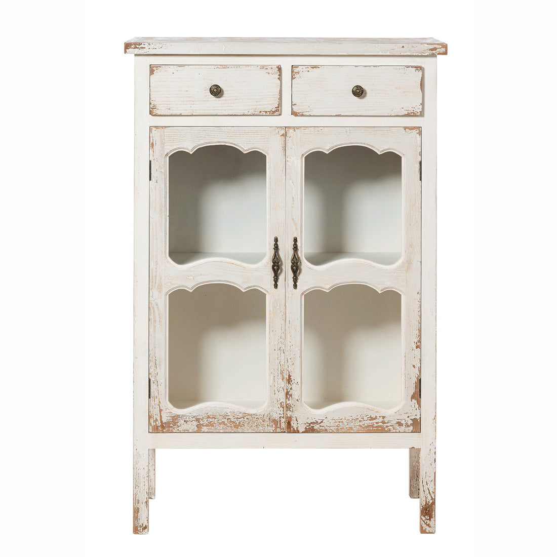 Vetrinetta con 2 cassetti in legno invecchiato colore bianco cm 85x36x130h