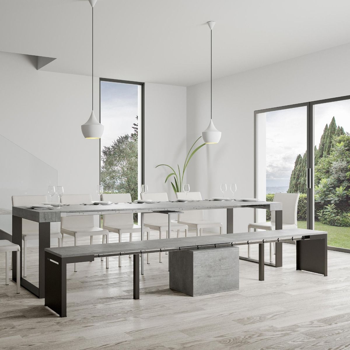 Walk - Panca allungabile moderna industrial in ferro e legno cm 55/305X40X47h - Cemento