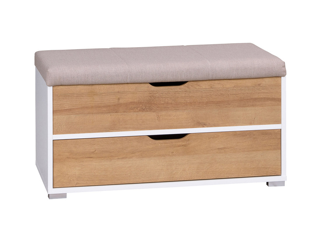 Fabris - Panca contenitore con cassetto in legno bianco e naturale cm 84x41x45h