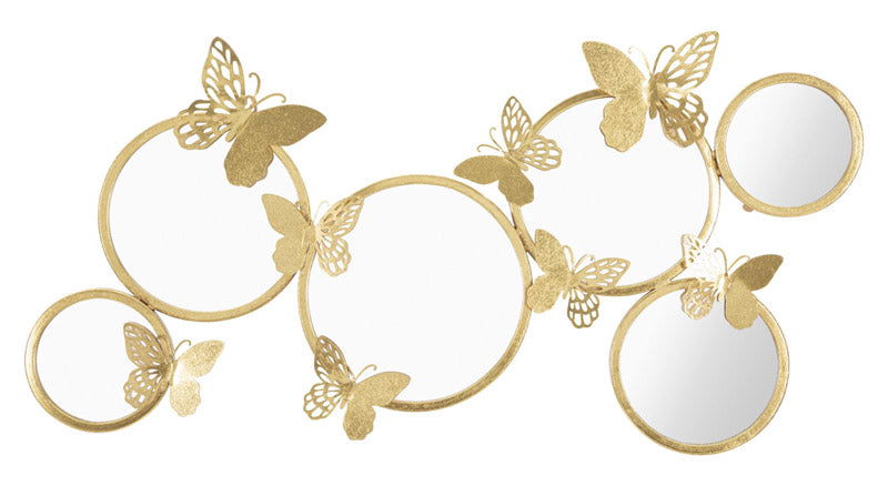 Pannello decorativo con specchi e farfalle in metallo dorato cm 89x4x45h