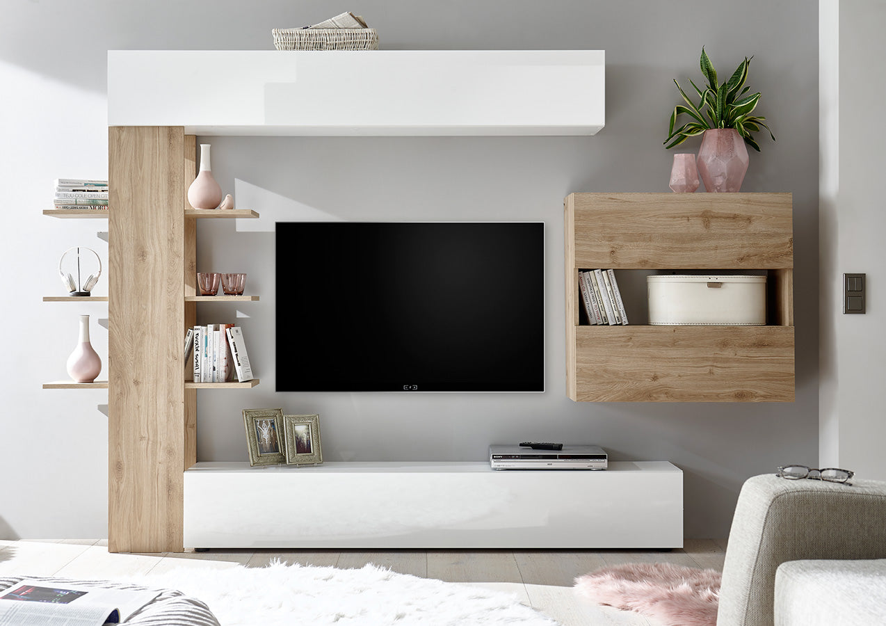 Renzo - Parete attrezzata con libreria base tv e pensili in legno - vari colori - immagine 2