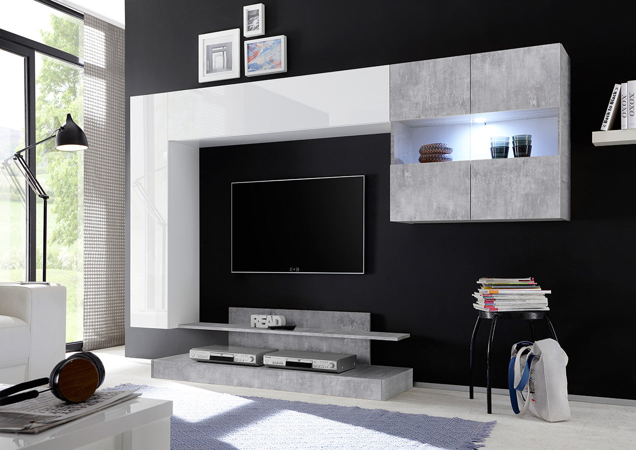 Romolo - Parete da soggiorno attrezzata con vetrina e base tv in legno - vari colori