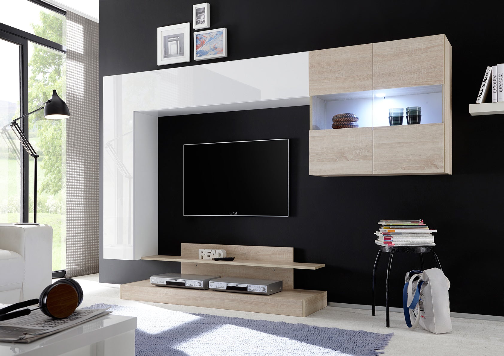 Romolo - Parete da soggiorno attrezzata con vetrina e base tv in legno - vari colori - immagine 2