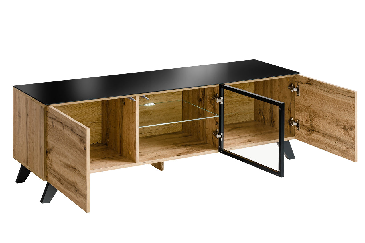 Mobile living basso porta tv stile industrial in legno naturale con vetrinetta cm 150x45x47h - immagine 2