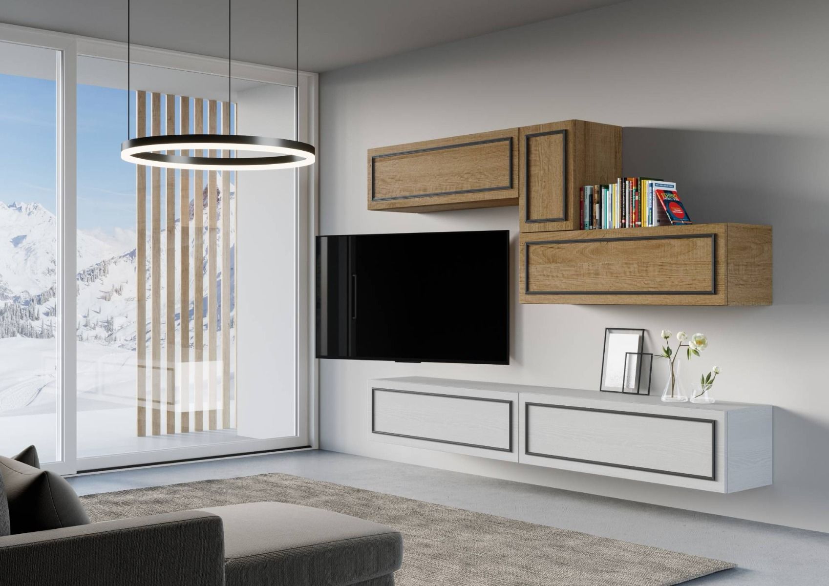Deanna Evo - Parete design moderno per living bianco e quercia - immagine 2