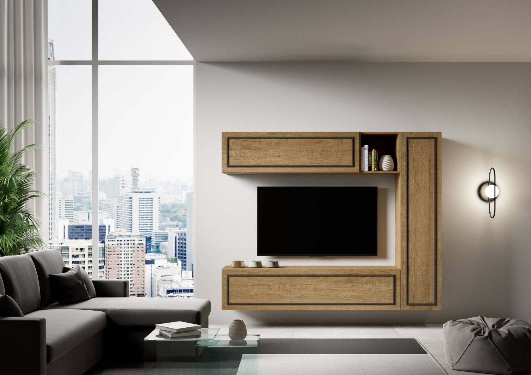 Adelina Evo - Parete moderna sospesa pensili in legno colore quercia - immagine 2