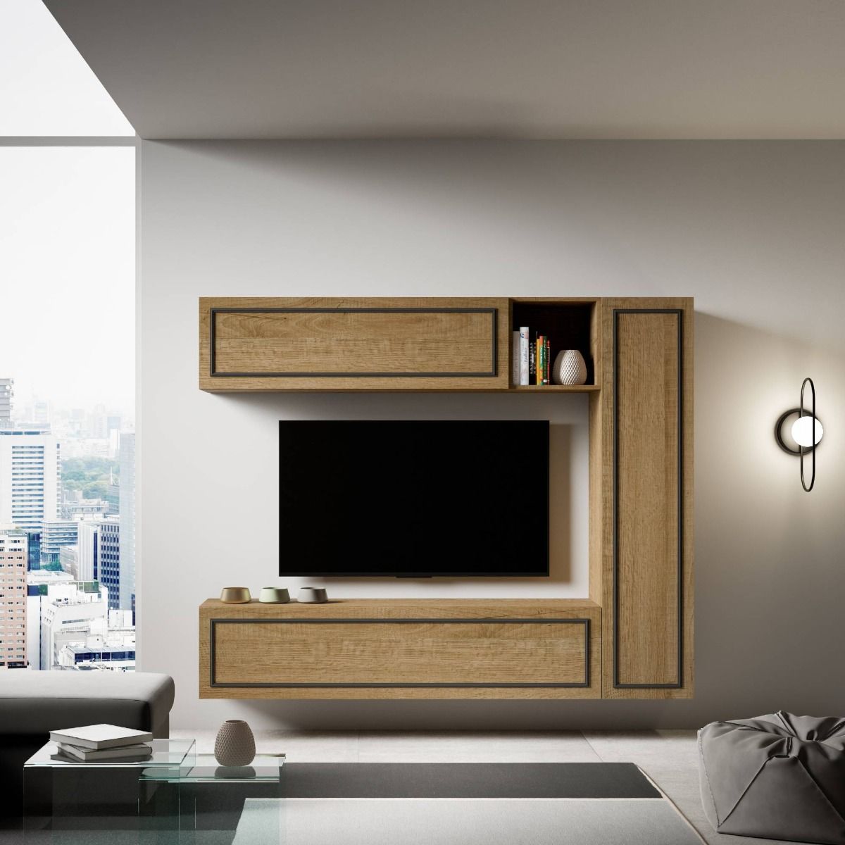 Adelina Evo - Parete moderna sospesa pensili in legno colore quercia