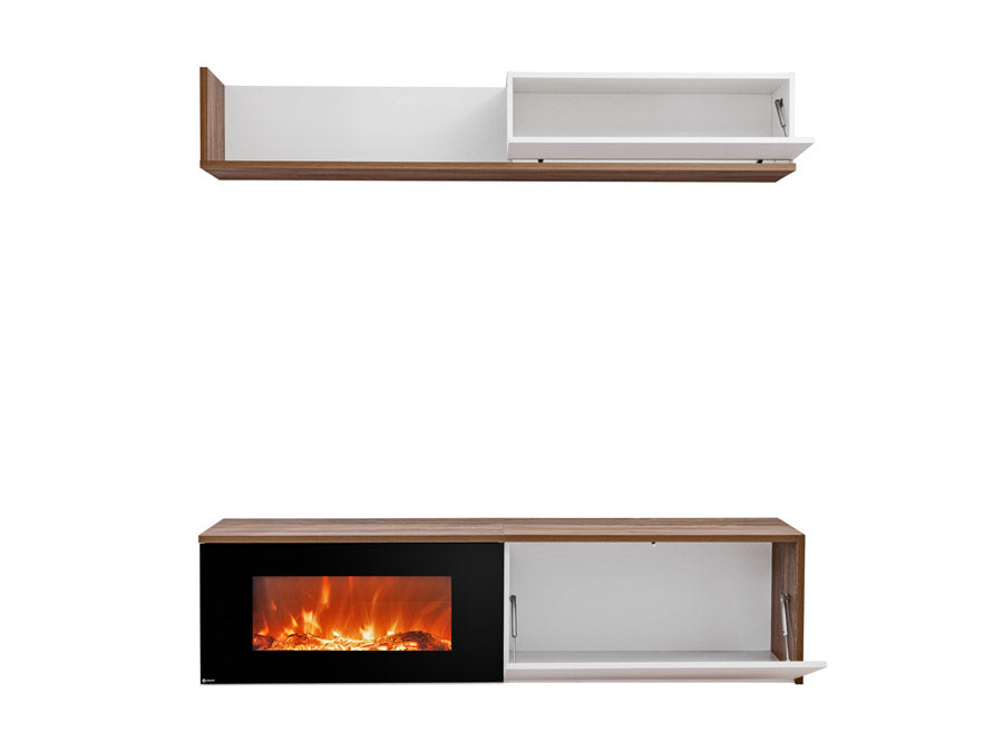 Vicent - Parete living moderna sospesa con caminetto e mensola nero e quercia - immagine 2