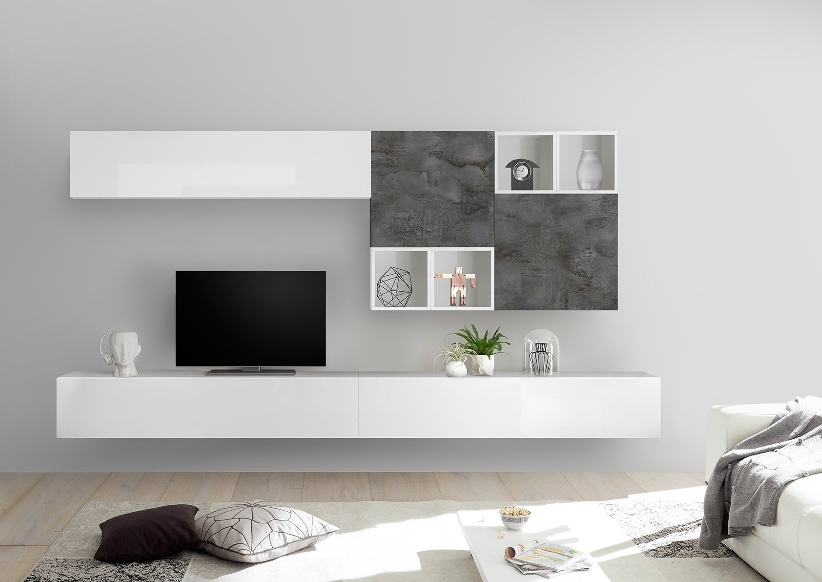 Seven - Parete moderna soggiorno con pensili e vani a giorno - vari colori