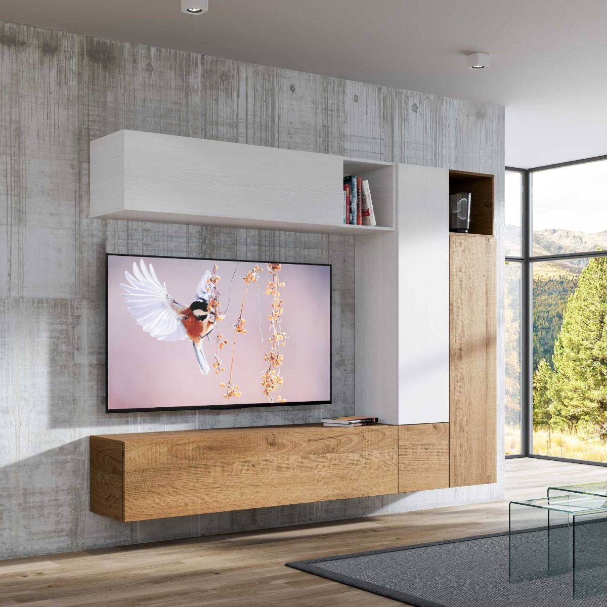 Mirak - Soggiorno a parete pensili in legno bianco e quercia