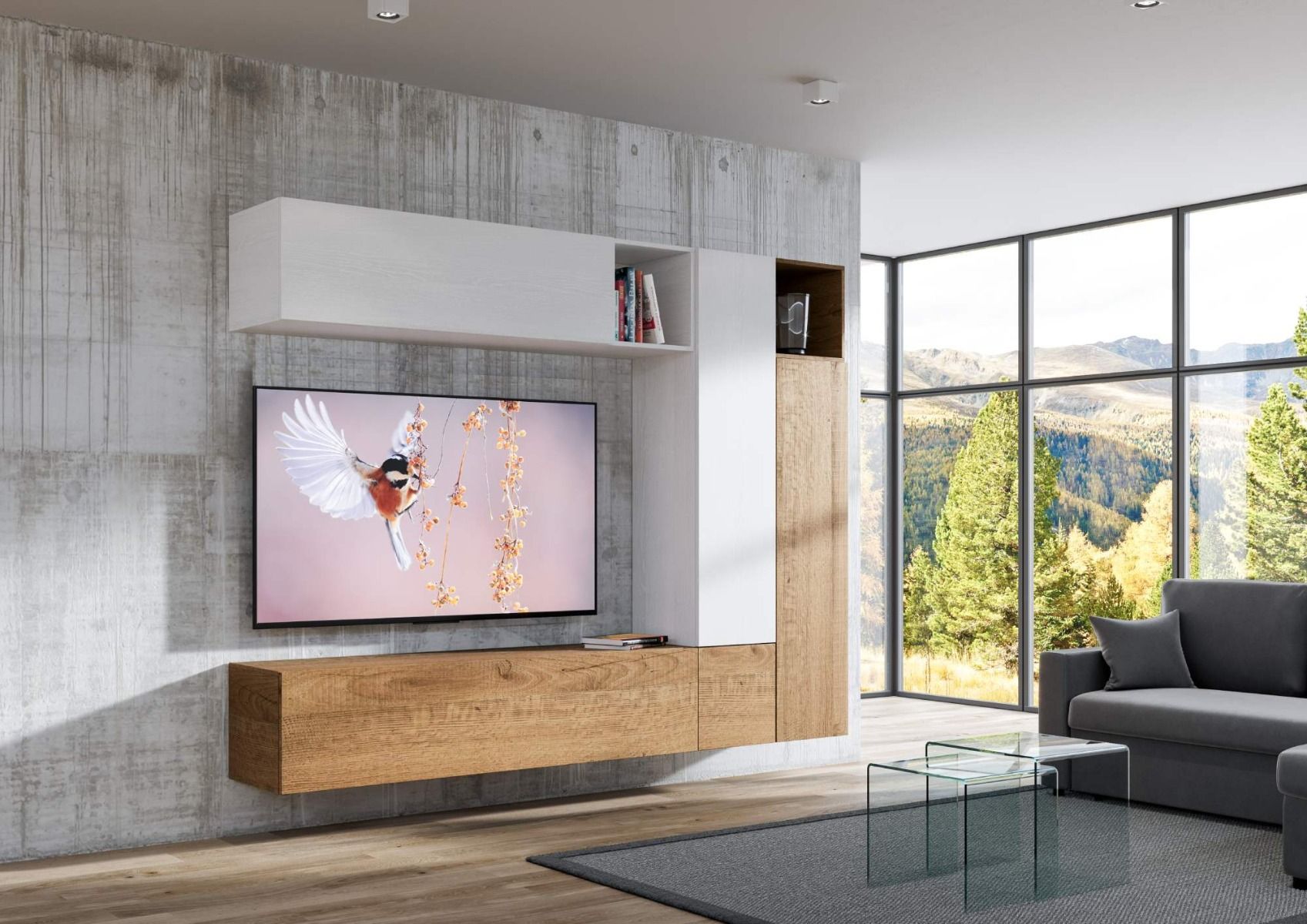 Mirak - Soggiorno a parete pensili in legno bianco e quercia - immagine 2