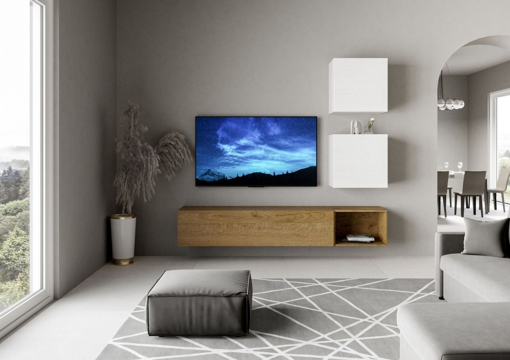 Margò - Parete zona giorno con pensile e cubi in legno bianco e quercia - immagine 2