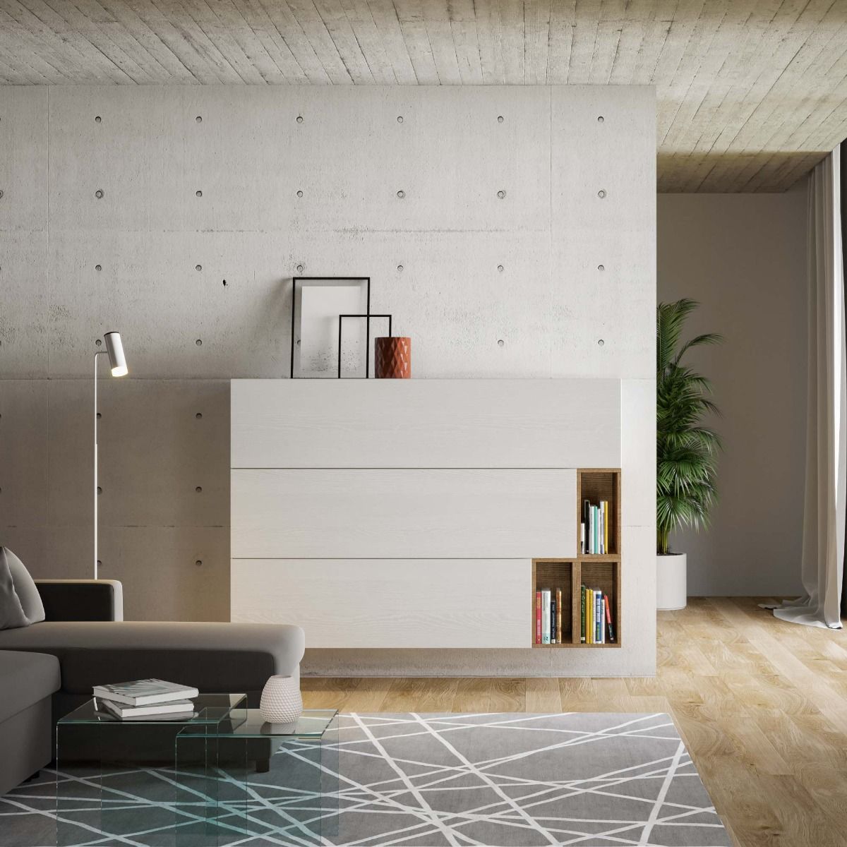 Fausto - Parete moderna per living ingresso sospesa in legno bianco e quercia