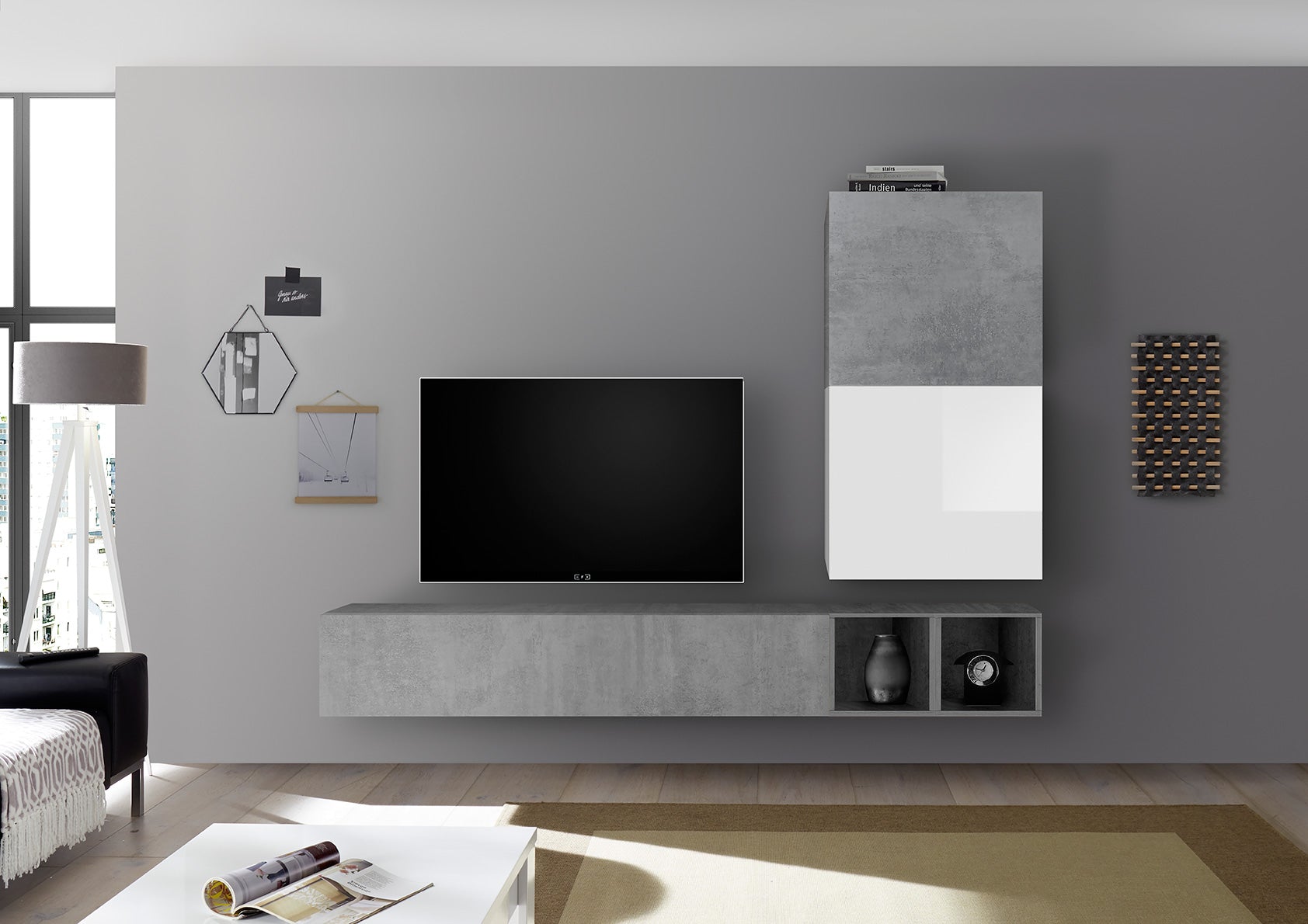 Tristano - Parete da soggiorno componibile con pensili e vani a giorno - vari colori