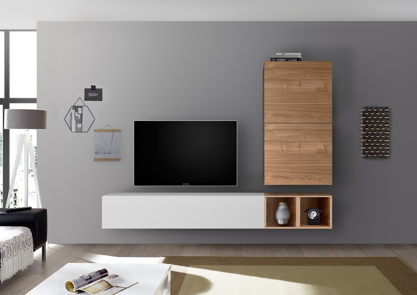 Tristano - Parete da soggiorno componibile con pensili e vani a giorno - vari colori - immagine 2