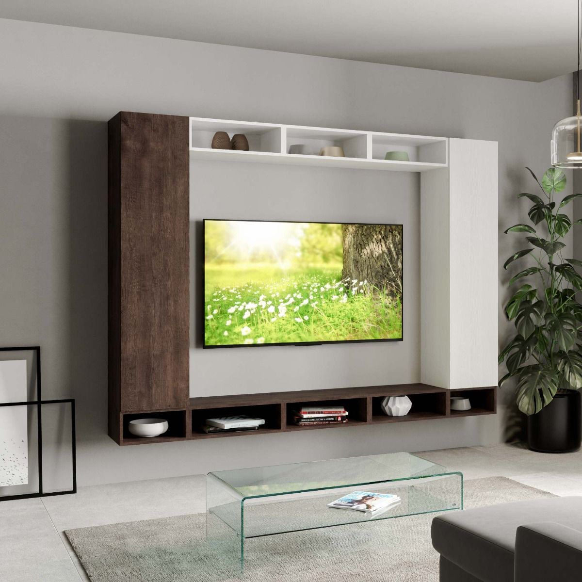 Natia - Composizione pensili in legno parete design bianco frassino e noce - immagine 2