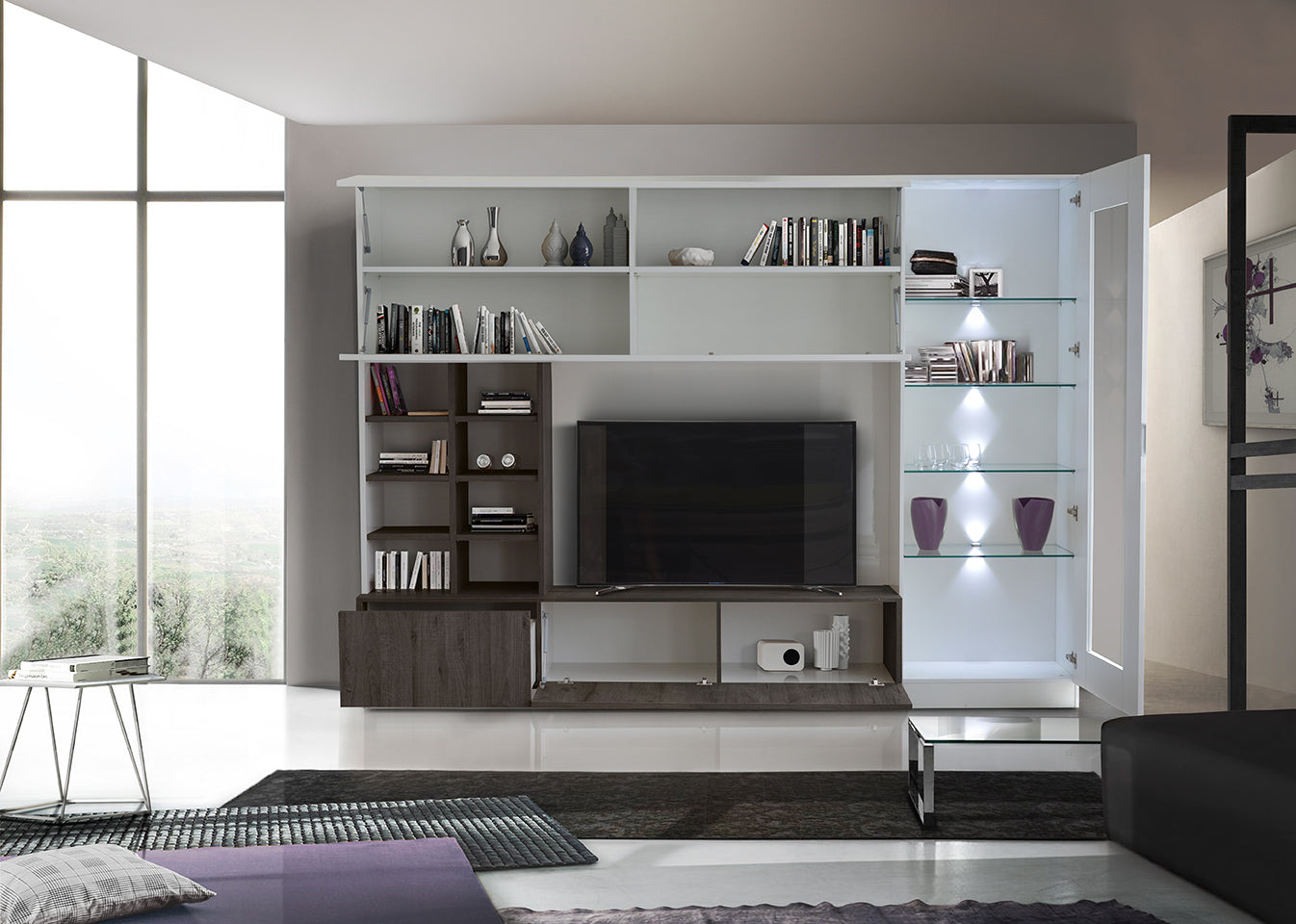 Mercury - Parete attrezzata moderna con vetrina e libreria - vari colori - immagine 2