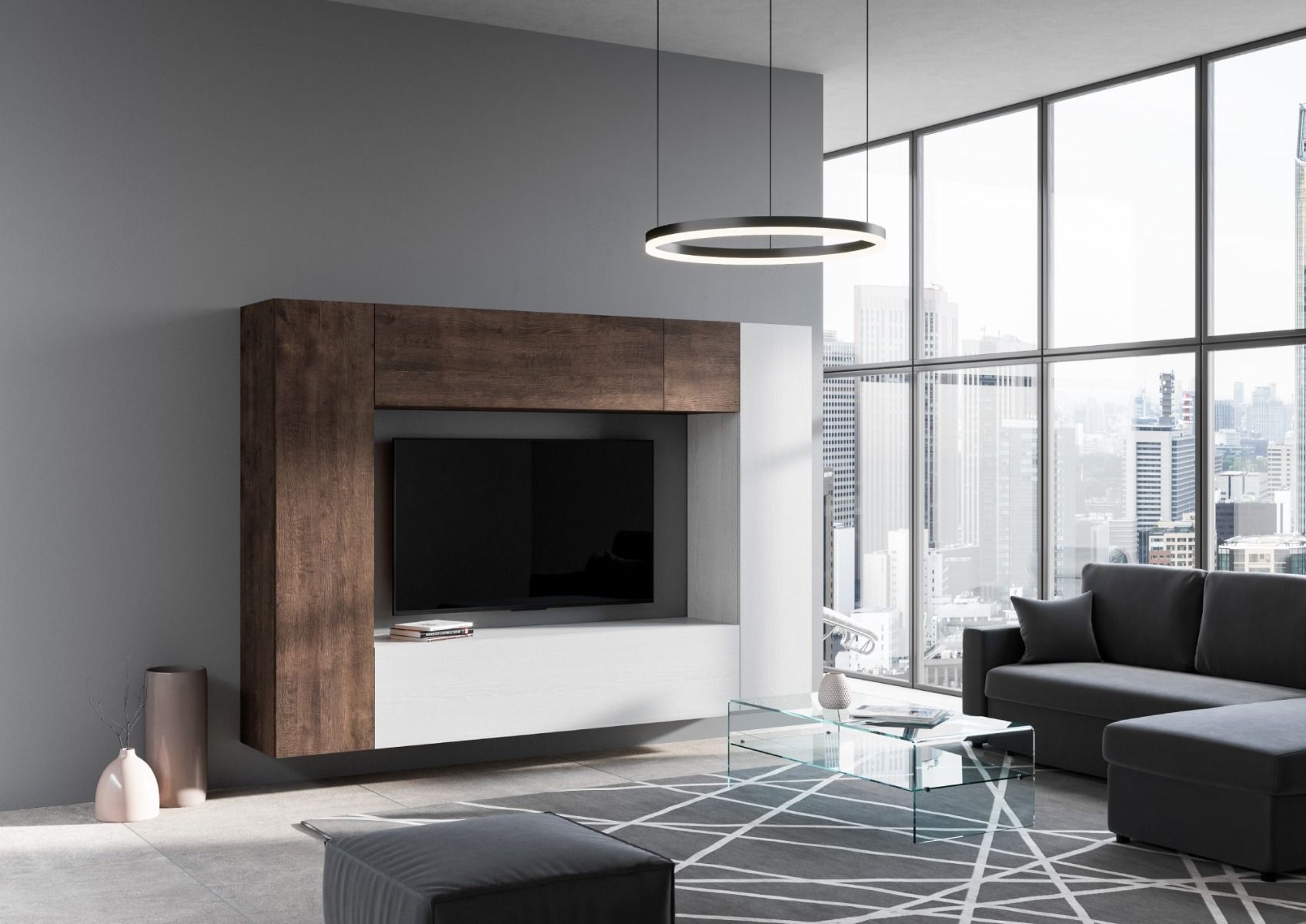 Mirea - Composizione living parete moderna con pensili bianco e noce - immagine 2