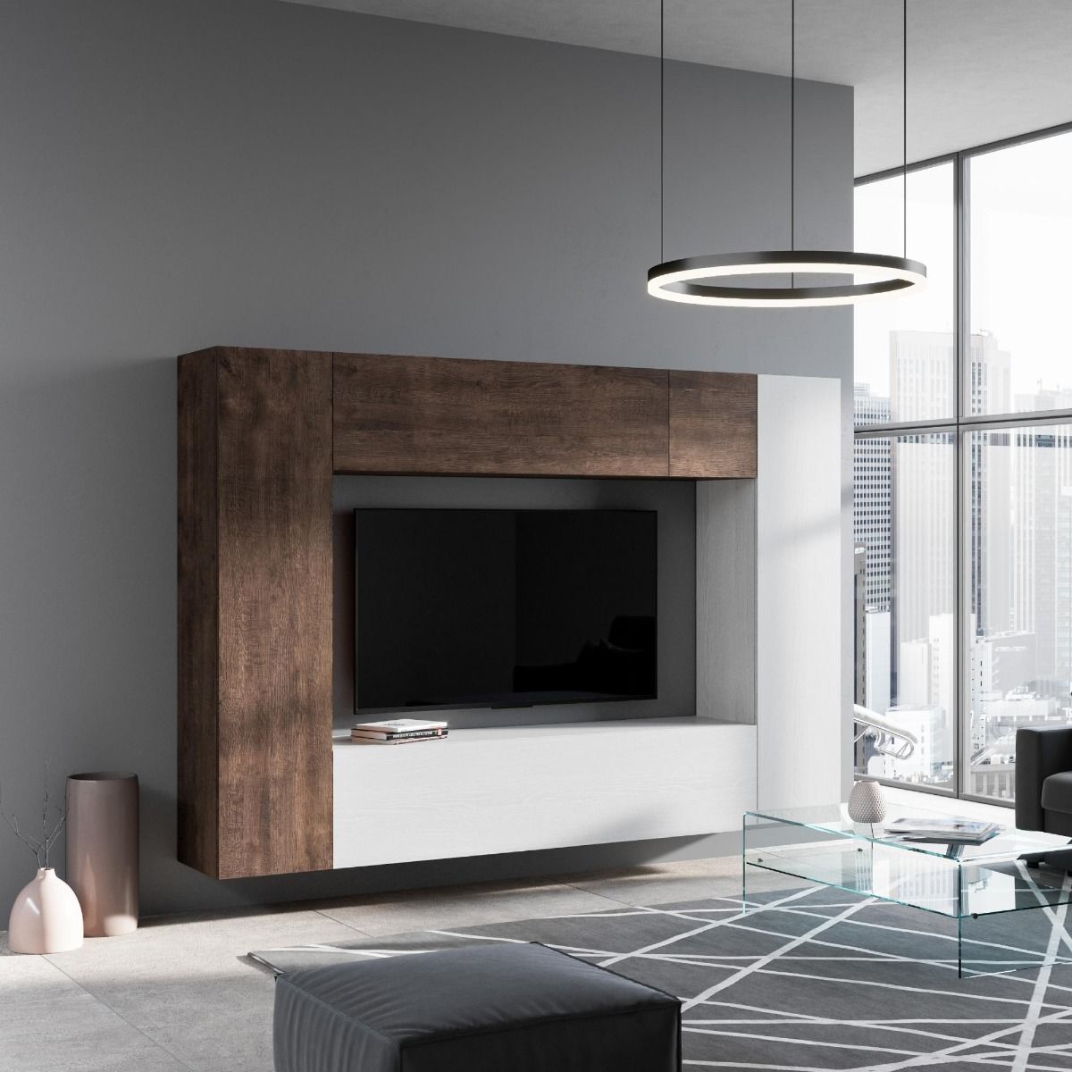 Mirea - Composizione living parete moderna con pensili bianco e noce