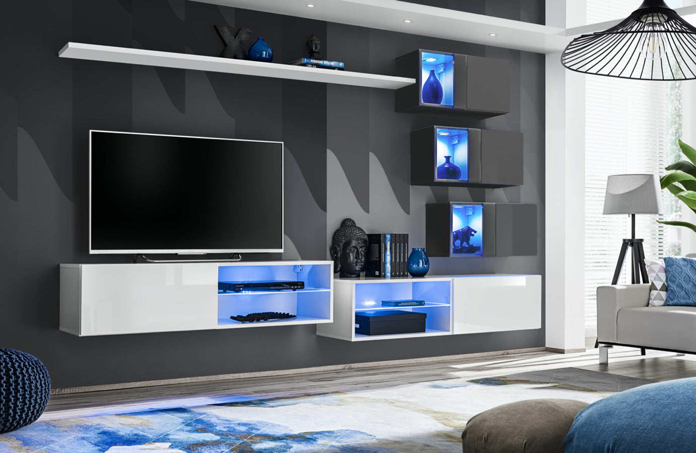 Alcanet - Parete componibile pensili sospesi con luci a led - vari colori - immagine 2