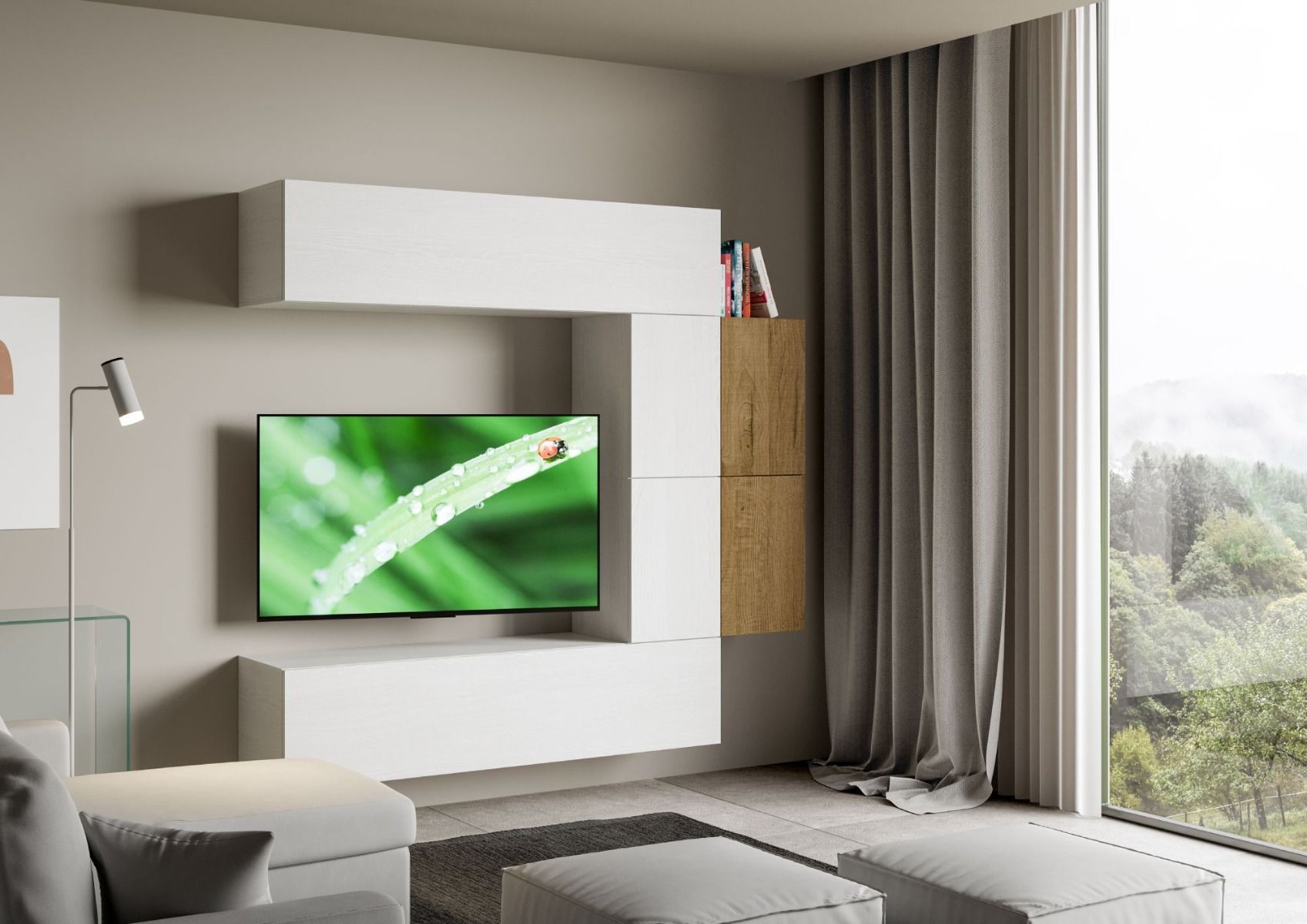 Fasma - Soggiorno parete moderna con pensili in legno quercia e bianco - immagine 2