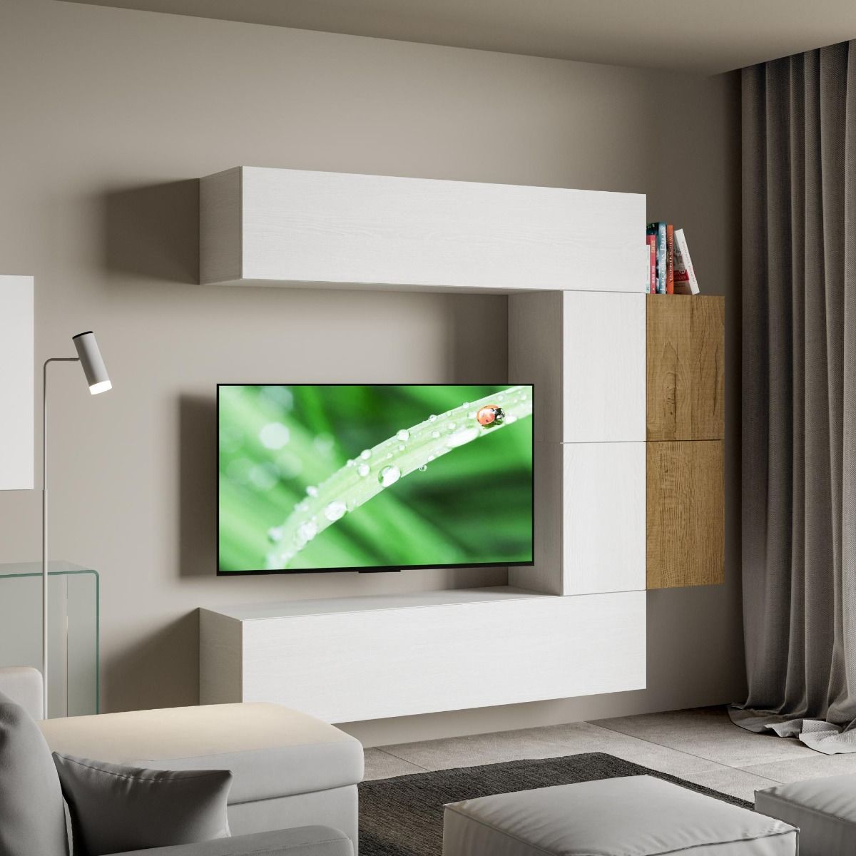 Fasma - Soggiorno parete moderna con pensili in legno quercia e bianco