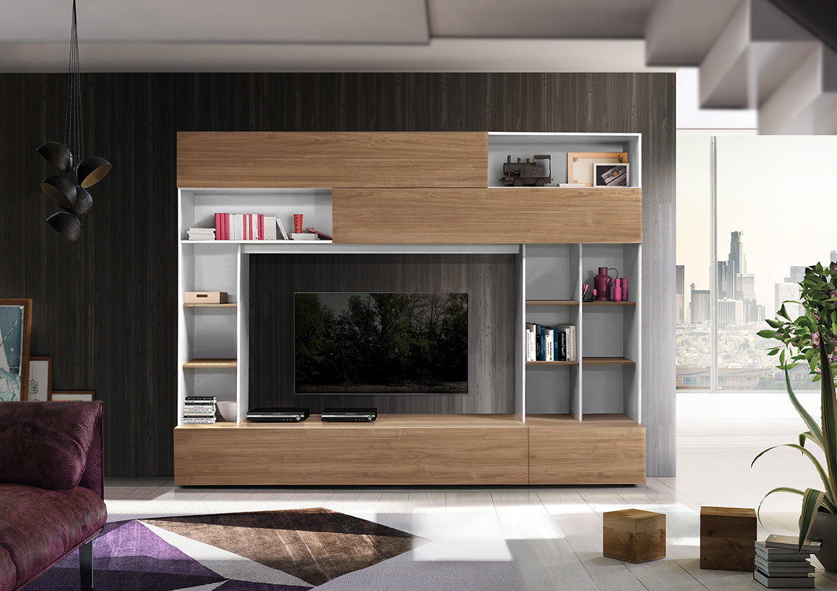 Topazio - Parete da soggiorno attrezzata con vani a giorno in legno - vari colori