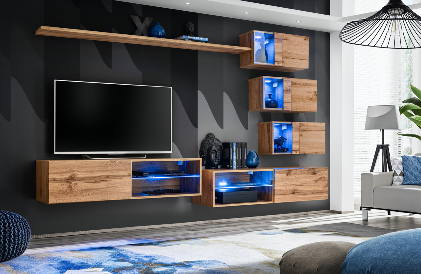 Deanira - Parete living attrezzata sospesa componibile con luci a led - vari colori